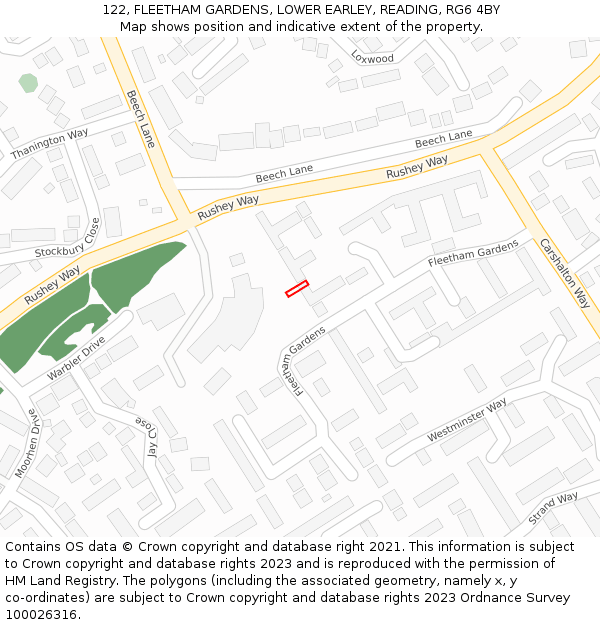 122, FLEETHAM GARDENS, LOWER EARLEY, READING, RG6 4BY: Location map and indicative extent of plot