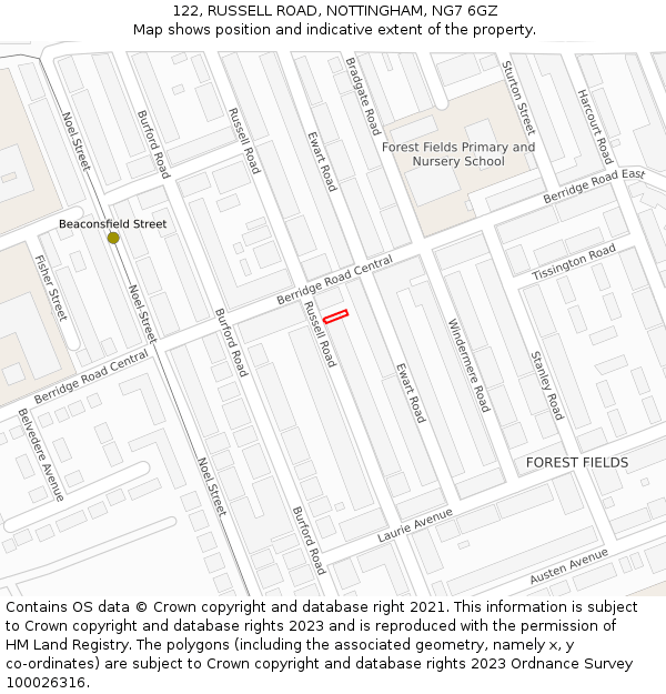122, RUSSELL ROAD, NOTTINGHAM, NG7 6GZ: Location map and indicative extent of plot