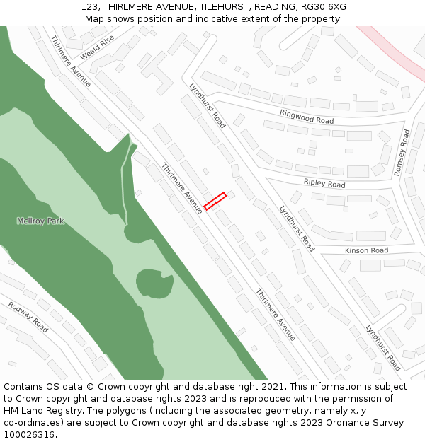 123, THIRLMERE AVENUE, TILEHURST, READING, RG30 6XG: Location map and indicative extent of plot
