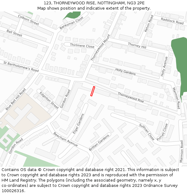 123, THORNEYWOOD RISE, NOTTINGHAM, NG3 2PE: Location map and indicative extent of plot