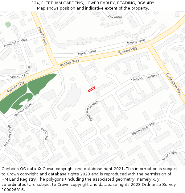 124, FLEETHAM GARDENS, LOWER EARLEY, READING, RG6 4BY: Location map and indicative extent of plot