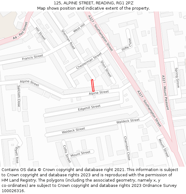 125, ALPINE STREET, READING, RG1 2PZ: Location map and indicative extent of plot