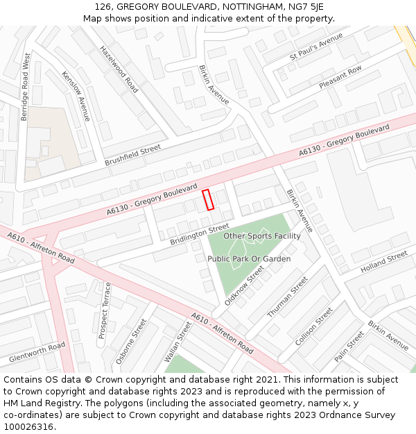 126, GREGORY BOULEVARD, NOTTINGHAM, NG7 5JE: Location map and indicative extent of plot