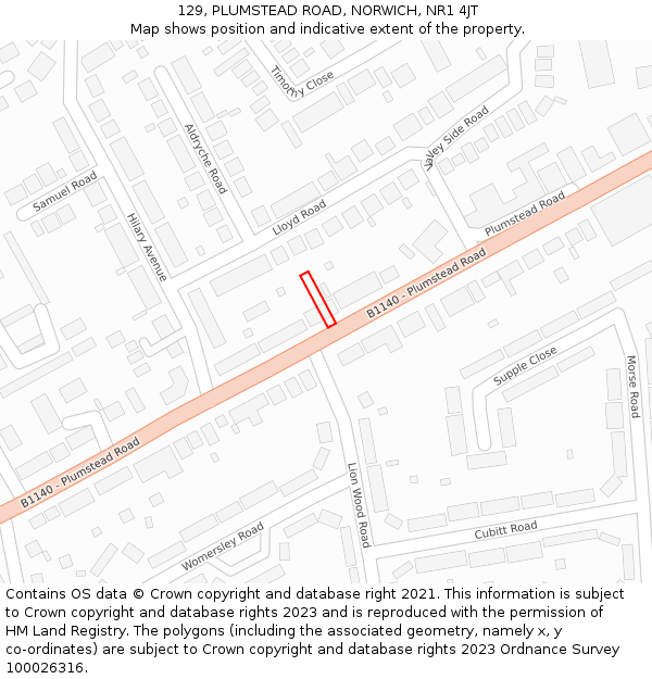 129, PLUMSTEAD ROAD, NORWICH, NR1 4JT: Location map and indicative extent of plot