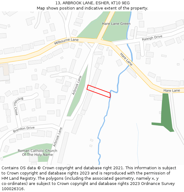 13, ARBROOK LANE, ESHER, KT10 9EG: Location map and indicative extent of plot