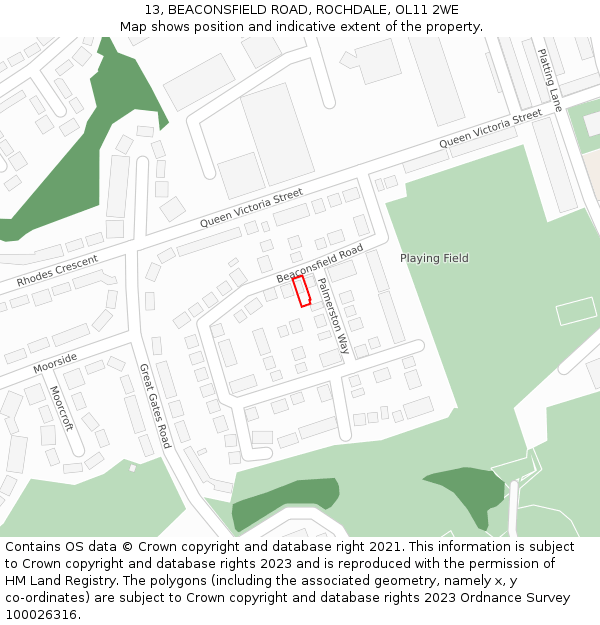 13, BEACONSFIELD ROAD, ROCHDALE, OL11 2WE: Location map and indicative extent of plot
