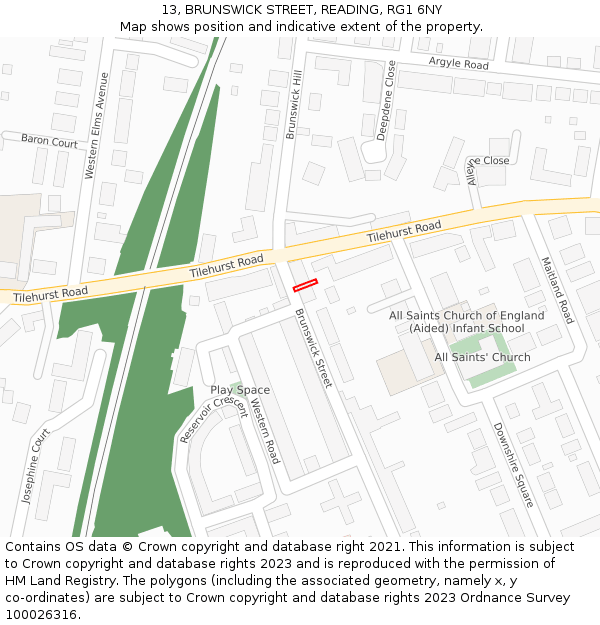 13, BRUNSWICK STREET, READING, RG1 6NY: Location map and indicative extent of plot