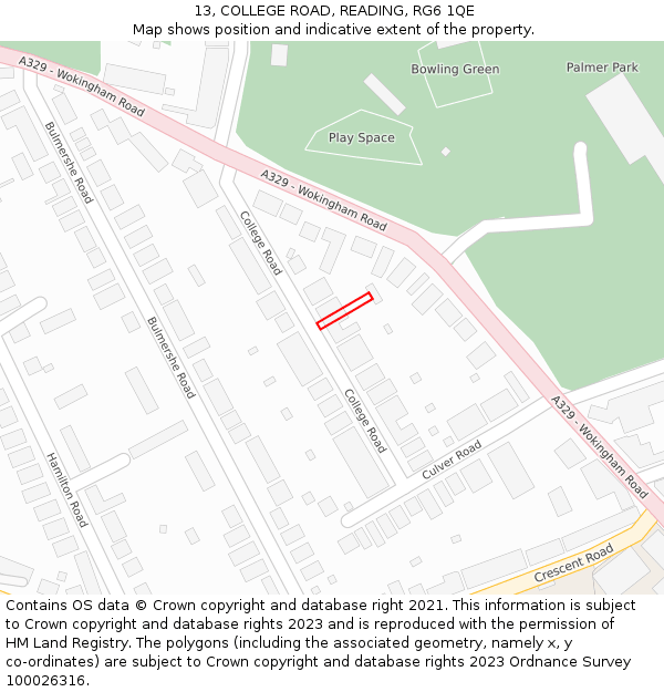 13, COLLEGE ROAD, READING, RG6 1QE: Location map and indicative extent of plot
