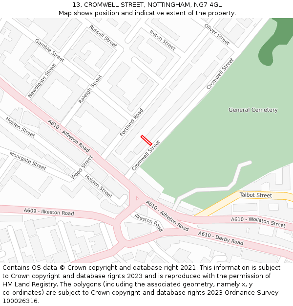 13, CROMWELL STREET, NOTTINGHAM, NG7 4GL: Location map and indicative extent of plot