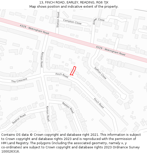 13, FINCH ROAD, EARLEY, READING, RG6 7JX: Location map and indicative extent of plot