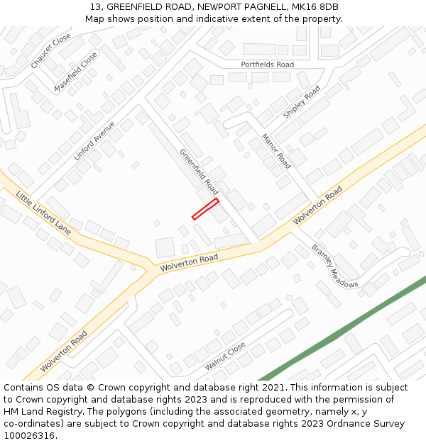 13, GREENFIELD ROAD, NEWPORT PAGNELL, MK16 8DB: Location map and indicative extent of plot