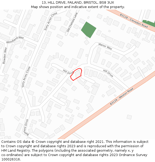 13, HILL DRIVE, FAILAND, BRISTOL, BS8 3UX: Location map and indicative extent of plot