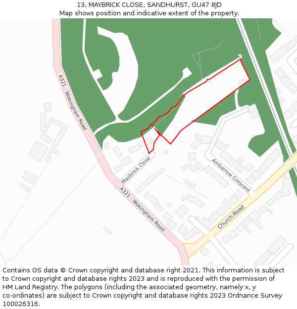 13, MAYBRICK CLOSE, SANDHURST, GU47 8JD: Location map and indicative extent of plot