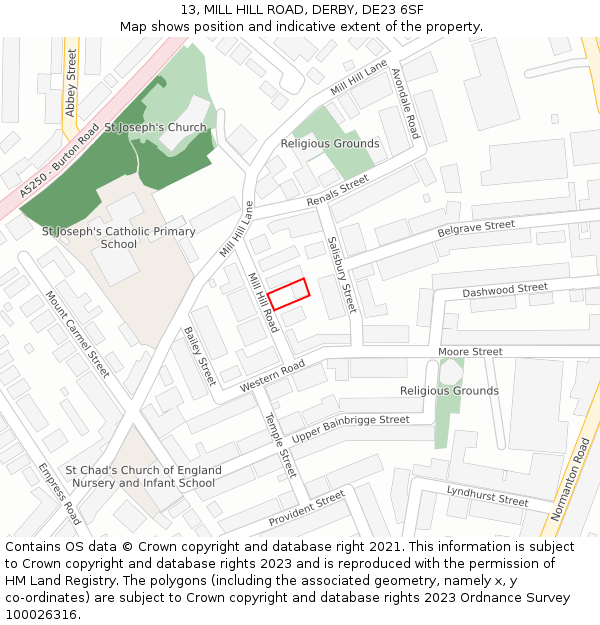 13, MILL HILL ROAD, DERBY, DE23 6SF: Location map and indicative extent of plot