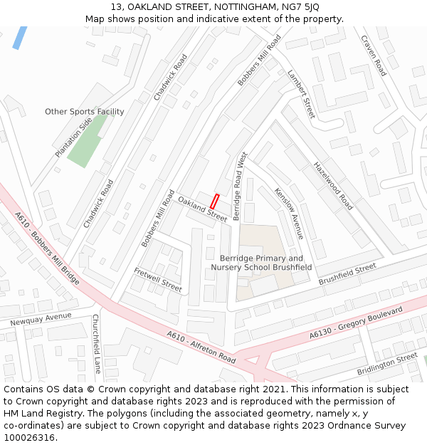 13, OAKLAND STREET, NOTTINGHAM, NG7 5JQ: Location map and indicative extent of plot