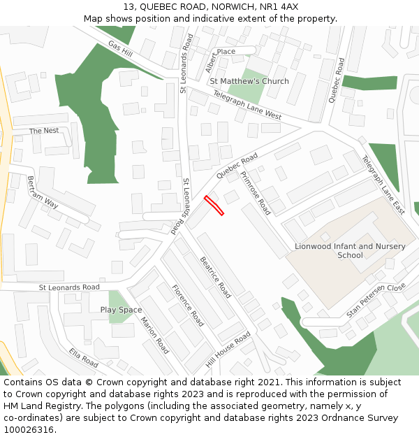 13, QUEBEC ROAD, NORWICH, NR1 4AX: Location map and indicative extent of plot
