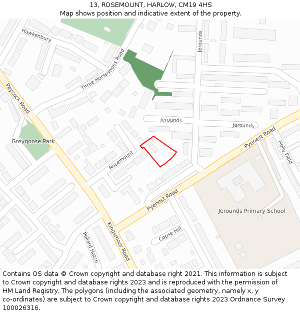 13, ROSEMOUNT, HARLOW, CM19 4HS: Location map and indicative extent of plot