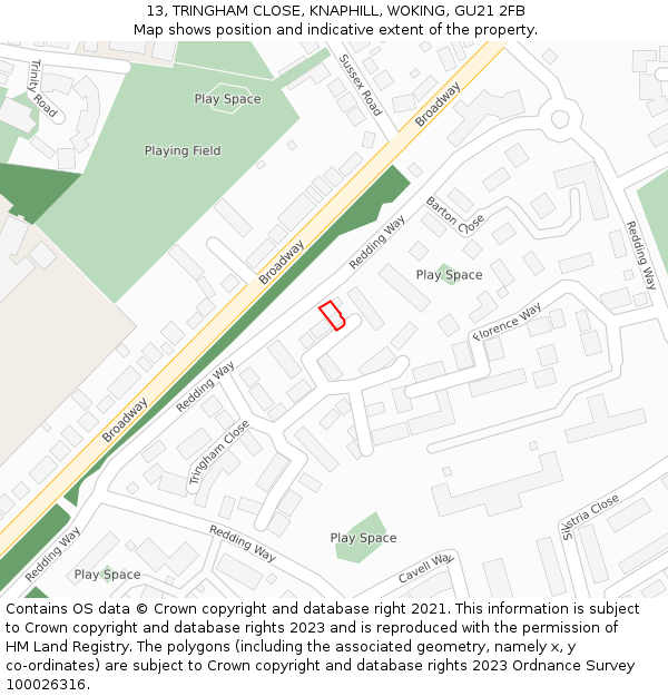 13, TRINGHAM CLOSE, KNAPHILL, WOKING, GU21 2FB: Location map and indicative extent of plot