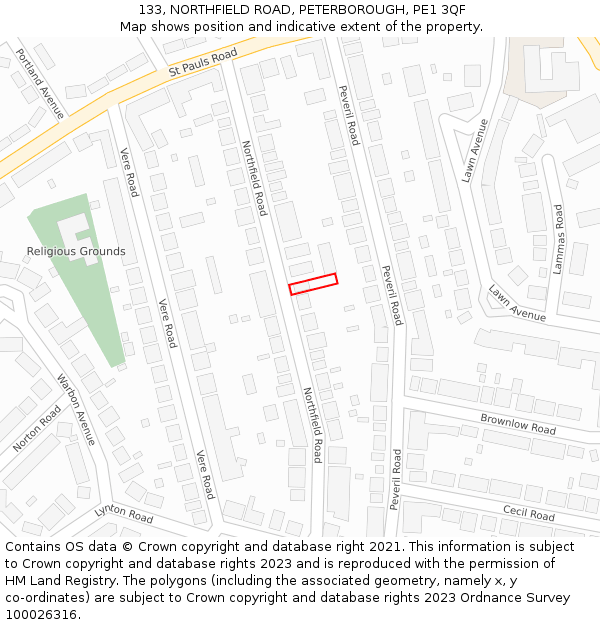 133, NORTHFIELD ROAD, PETERBOROUGH, PE1 3QF: Location map and indicative extent of plot