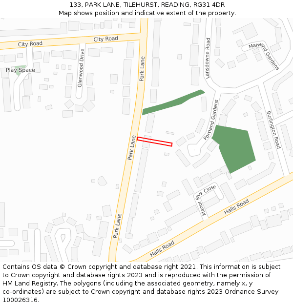 133, PARK LANE, TILEHURST, READING, RG31 4DR: Location map and indicative extent of plot