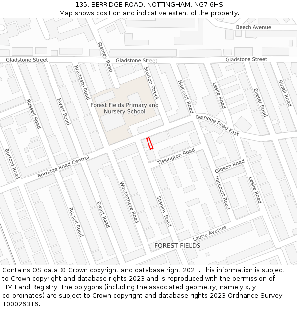 135, BERRIDGE ROAD, NOTTINGHAM, NG7 6HS: Location map and indicative extent of plot