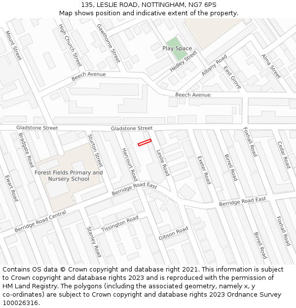 135, LESLIE ROAD, NOTTINGHAM, NG7 6PS: Location map and indicative extent of plot