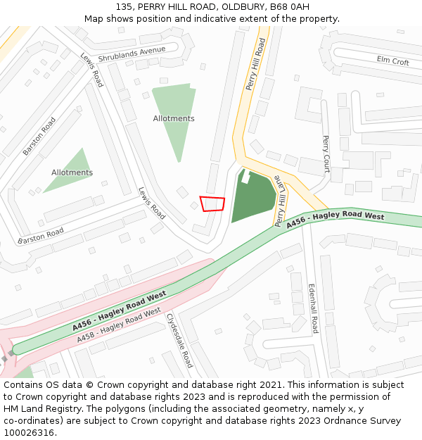 135, PERRY HILL ROAD, OLDBURY, B68 0AH: Location map and indicative extent of plot