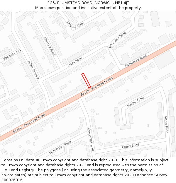 135, PLUMSTEAD ROAD, NORWICH, NR1 4JT: Location map and indicative extent of plot