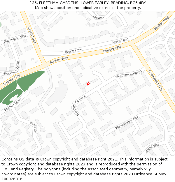 136, FLEETHAM GARDENS, LOWER EARLEY, READING, RG6 4BY: Location map and indicative extent of plot