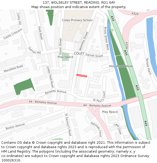 137, WOLSELEY STREET, READING, RG1 6AY: Location map and indicative extent of plot