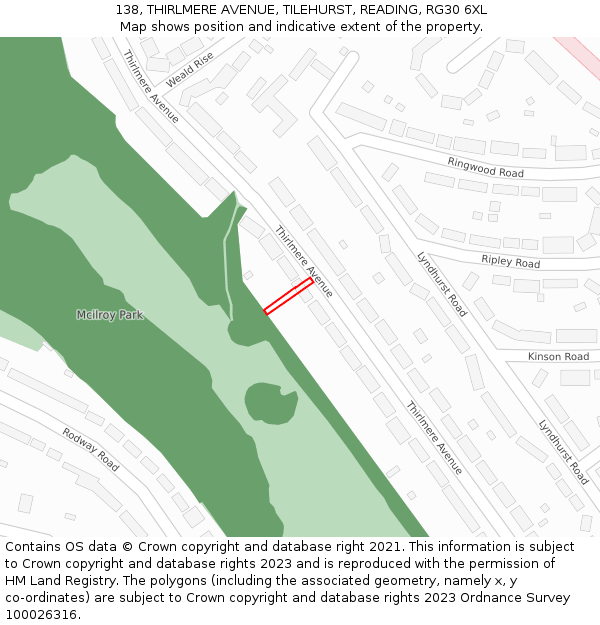 138, THIRLMERE AVENUE, TILEHURST, READING, RG30 6XL: Location map and indicative extent of plot