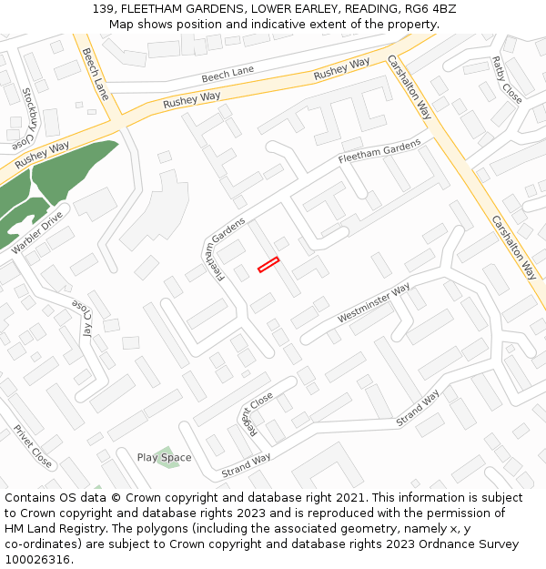 139, FLEETHAM GARDENS, LOWER EARLEY, READING, RG6 4BZ: Location map and indicative extent of plot