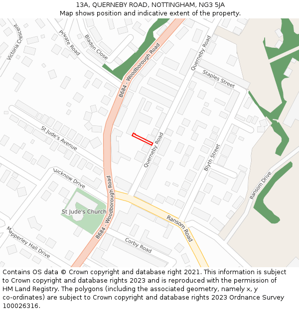 13A, QUERNEBY ROAD, NOTTINGHAM, NG3 5JA: Location map and indicative extent of plot