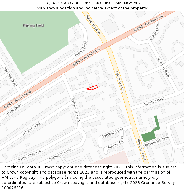 14, BABBACOMBE DRIVE, NOTTINGHAM, NG5 5FZ: Location map and indicative extent of plot