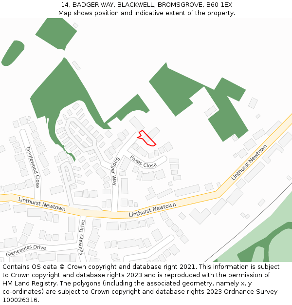14, BADGER WAY, BLACKWELL, BROMSGROVE, B60 1EX: Location map and indicative extent of plot