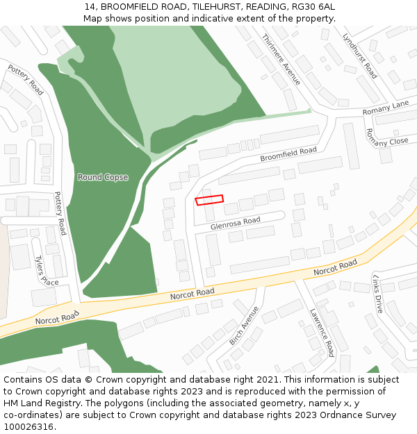 14, BROOMFIELD ROAD, TILEHURST, READING, RG30 6AL: Location map and indicative extent of plot