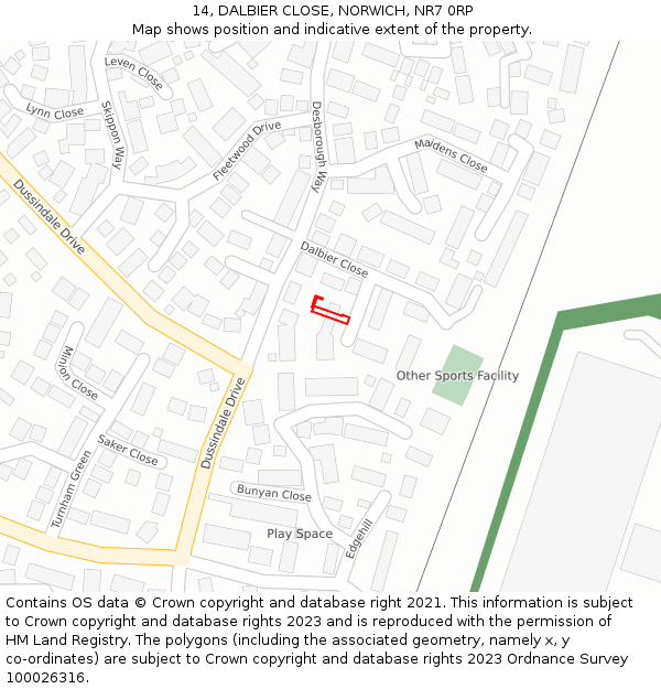 14, DALBIER CLOSE, NORWICH, NR7 0RP: Location map and indicative extent of plot