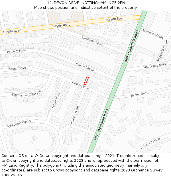 14, DEVON DRIVE, NOTTINGHAM, NG5 2EN: Location map and indicative extent of plot