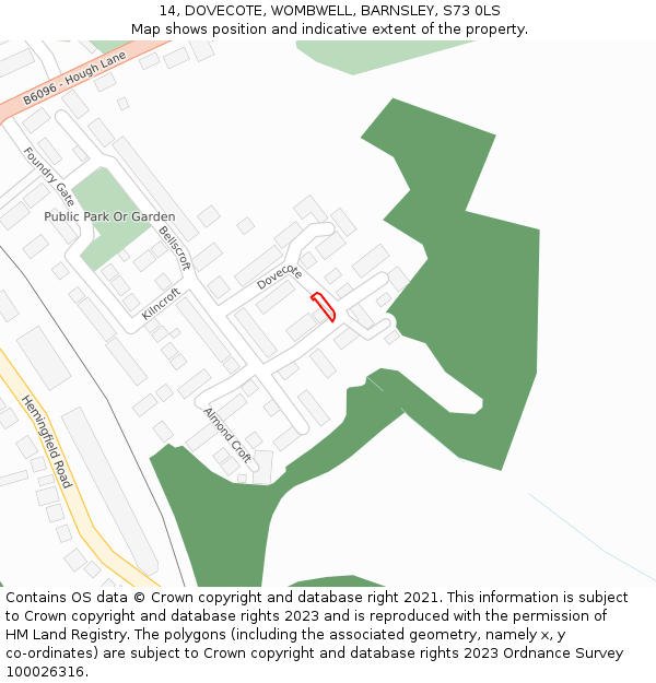 14, DOVECOTE, WOMBWELL, BARNSLEY, S73 0LS: Location map and indicative extent of plot