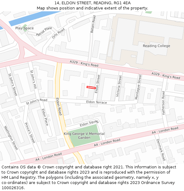 14, ELDON STREET, READING, RG1 4EA: Location map and indicative extent of plot