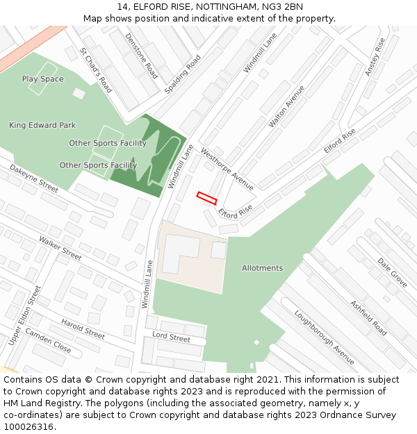 14, ELFORD RISE, NOTTINGHAM, NG3 2BN: Location map and indicative extent of plot