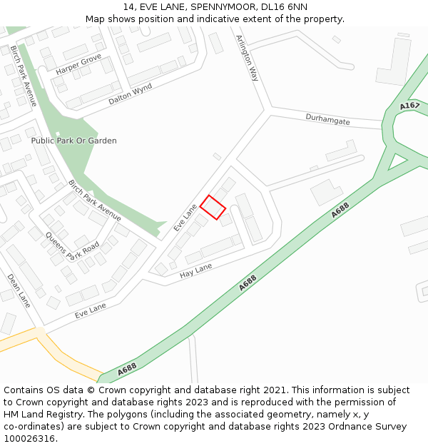 14, EVE LANE, SPENNYMOOR, DL16 6NN: Location map and indicative extent of plot