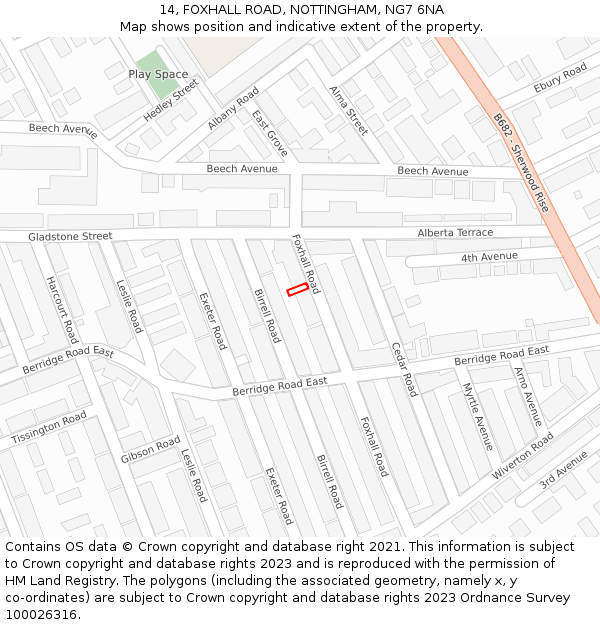 14, FOXHALL ROAD, NOTTINGHAM, NG7 6NA: Location map and indicative extent of plot
