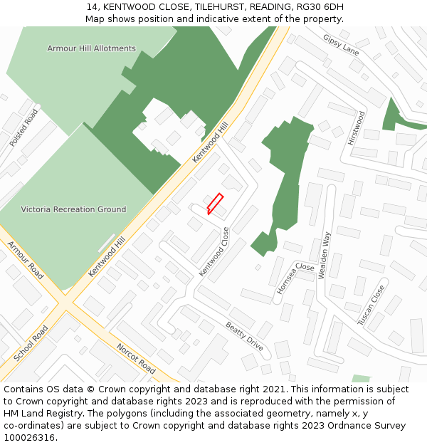 14, KENTWOOD CLOSE, TILEHURST, READING, RG30 6DH: Location map and indicative extent of plot