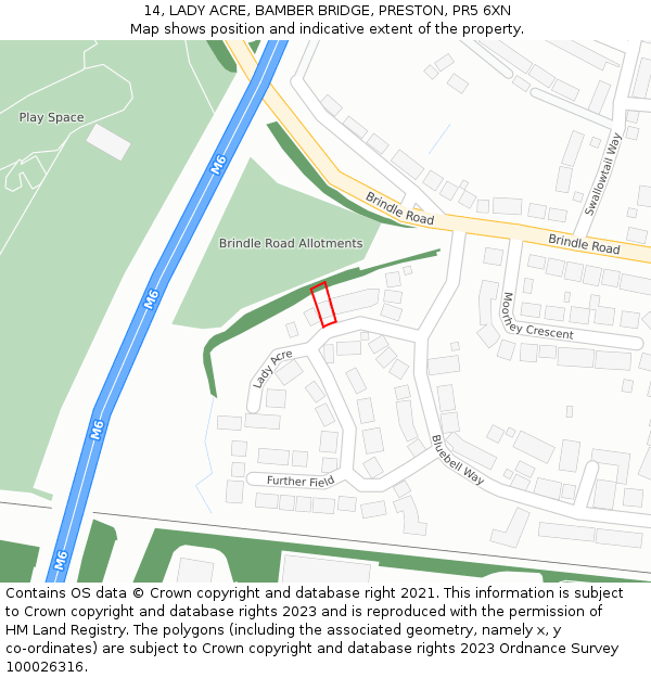 14, LADY ACRE, BAMBER BRIDGE, PRESTON, PR5 6XN: Location map and indicative extent of plot