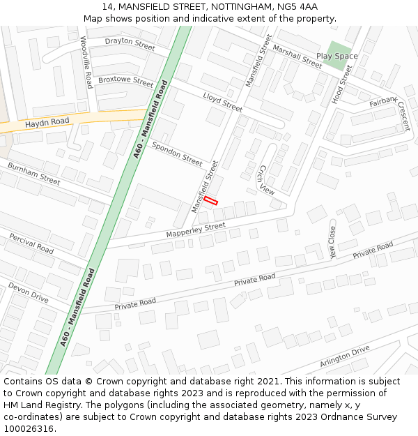 14, MANSFIELD STREET, NOTTINGHAM, NG5 4AA: Location map and indicative extent of plot