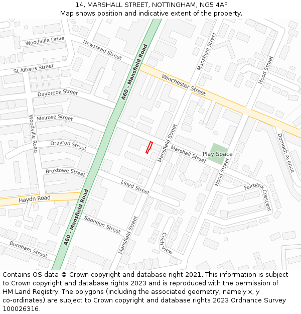 14, MARSHALL STREET, NOTTINGHAM, NG5 4AF: Location map and indicative extent of plot