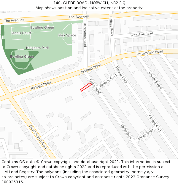 140, GLEBE ROAD, NORWICH, NR2 3JQ: Location map and indicative extent of plot
