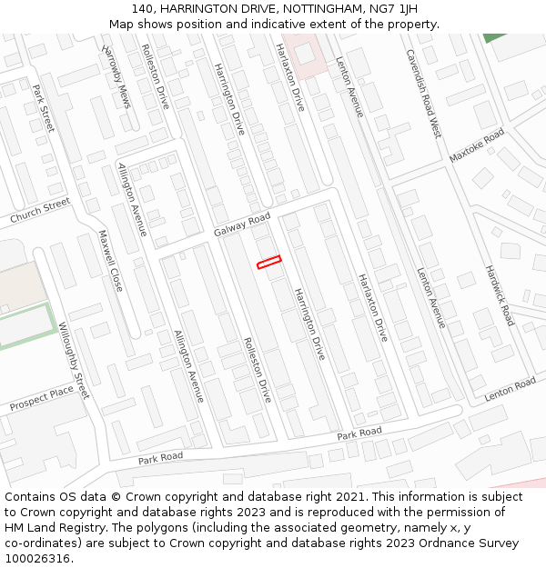 140, HARRINGTON DRIVE, NOTTINGHAM, NG7 1JH: Location map and indicative extent of plot
