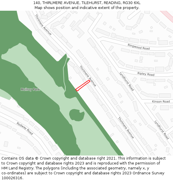 140, THIRLMERE AVENUE, TILEHURST, READING, RG30 6XL: Location map and indicative extent of plot
